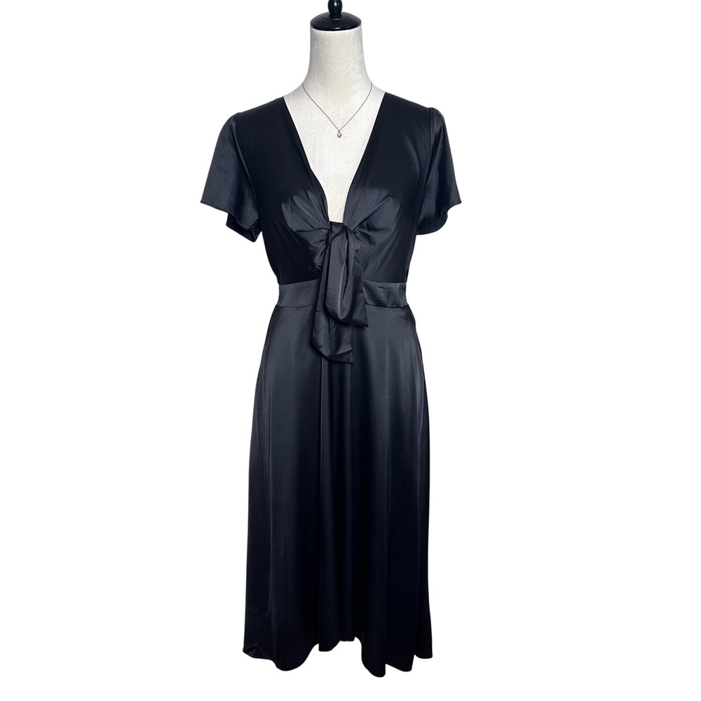 Baltic Born Poppy Satin Midi Dress Black Short Sleeve Tie Front V-Neck Medium